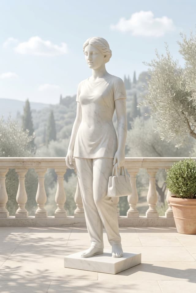 Marble pose card showing a full-body portrait holding a bag at one side