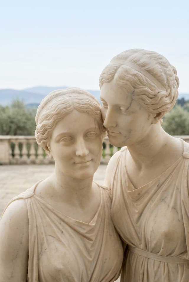 Marble pose card showing two friends leaning together cheek to cheek