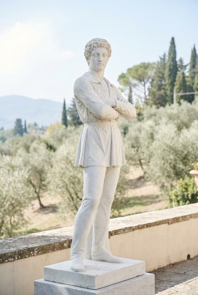 Marble pose card showing a full-body portrait with crossed arms and a slight turn