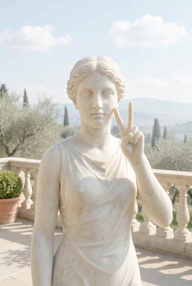 Marble pose card showing an upper-body selfie with a peace sign beside the face