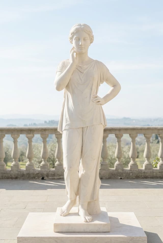 Marble pose card showing a full-body standing pose with one hand near the face