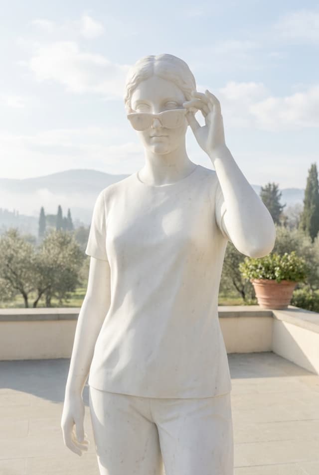 Marble pose card showing an upper-body mirror pose touching sunglasses