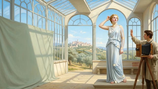 A classical painting of a model holding a pose while Pose AI light points track her body